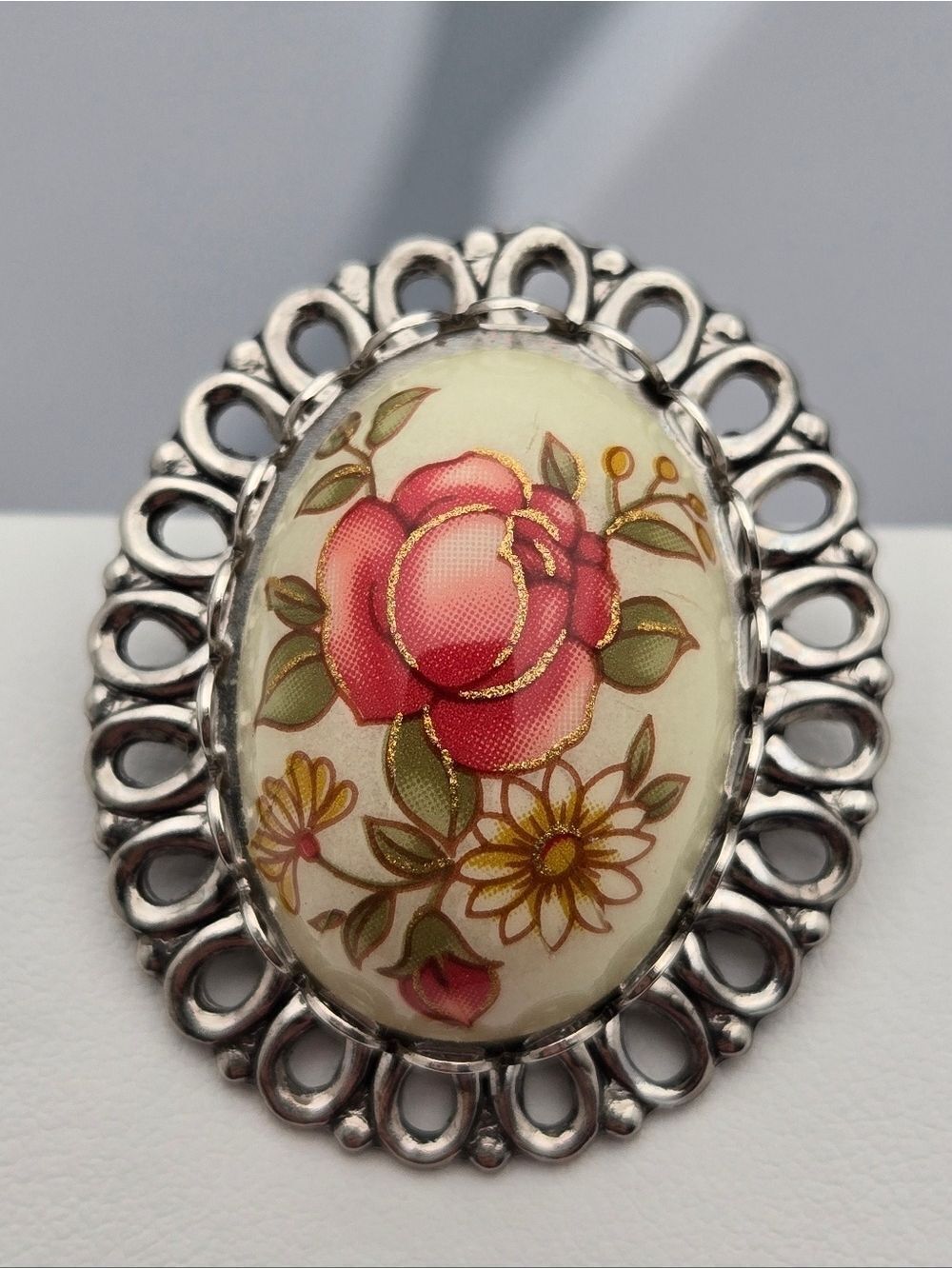 Vintage Style Rose Brooch Ceramic Painted Floral Center Filigree Silver Tone